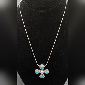 EA 925 Necklace Sterling Maltese Cross w/Turquoise & Real Pearl 16.5" Italy